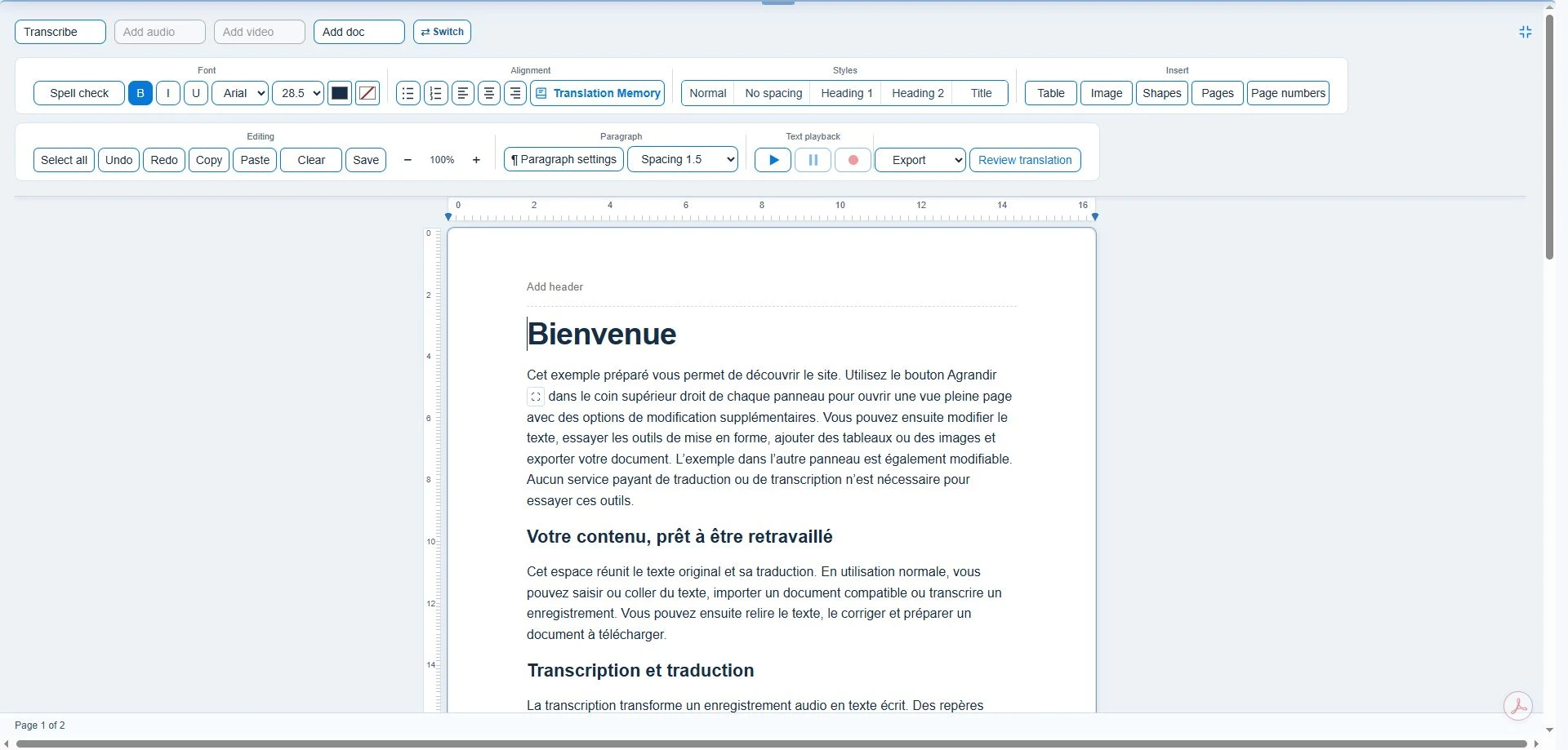 Expanded French document editor showing compact formatting controls, ruler and page layout.