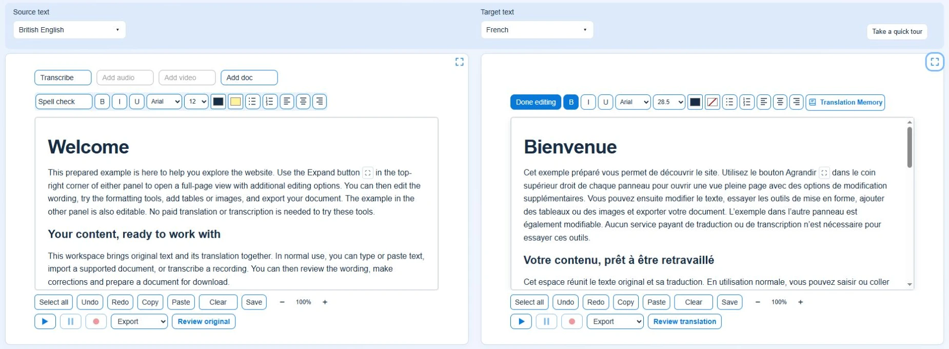 Current Document Studio workspace with English source text, French translation and editing controls side by side.